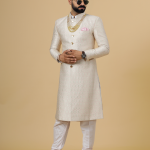 Stunning Beige Banarasi Brocade Achkan with Soft Pink Churidar | Father Son Combo | Perfect for Grooms